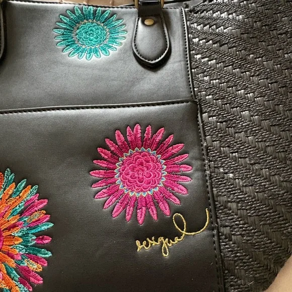 Desigual Embroidered Floral Satchel Tote Bag Black Top Handle Handbag - Picture 5 of 13